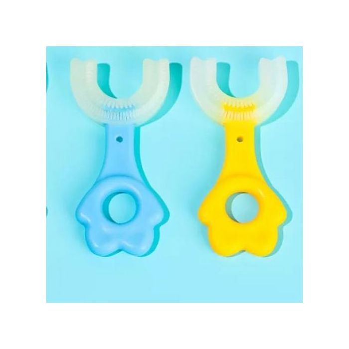 2 Brosse à dents pour enfants tête en silicone bleu et jaune