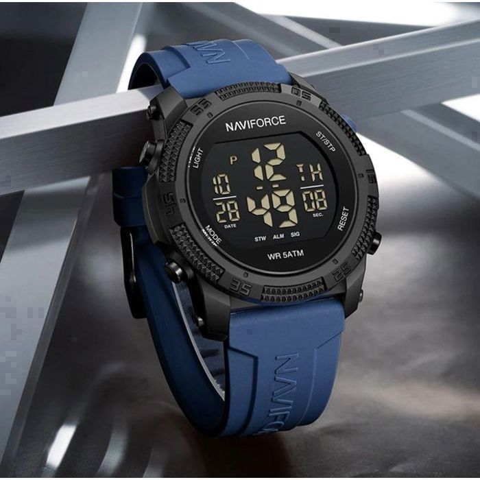 Montre de sport décontractée Naviforce NF7104 avec bracelet en silicone et affichage numérique pour hommes - Bleu/Noir