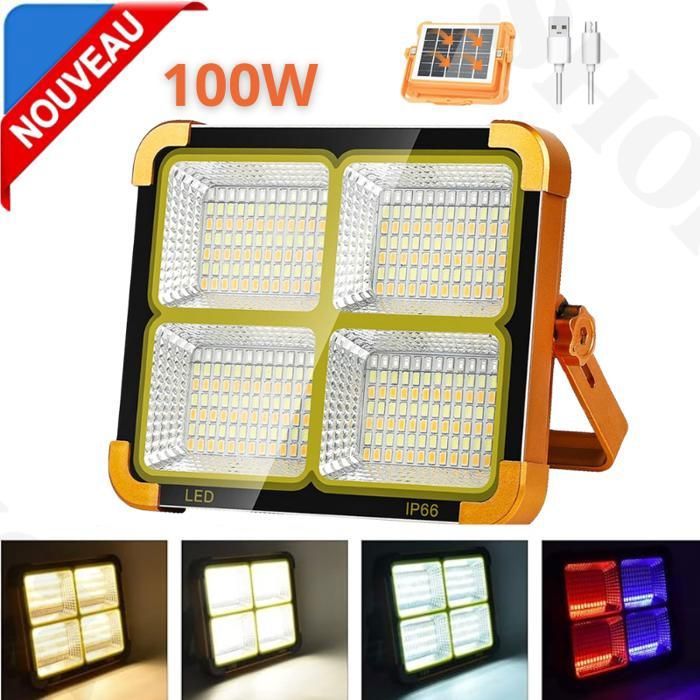 Projecteur d'éclairage Rechargeable LED 100W avec Panneau Solaire & USB &Type C 4 Modes d'éclairage 228 LED Portable
