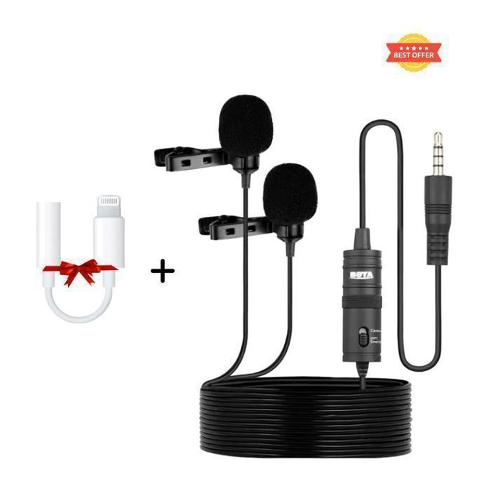 Microphone Double Clip Boya M1DM – Enregistrement Professionnel + Adaptateur iPhone Gratuit !