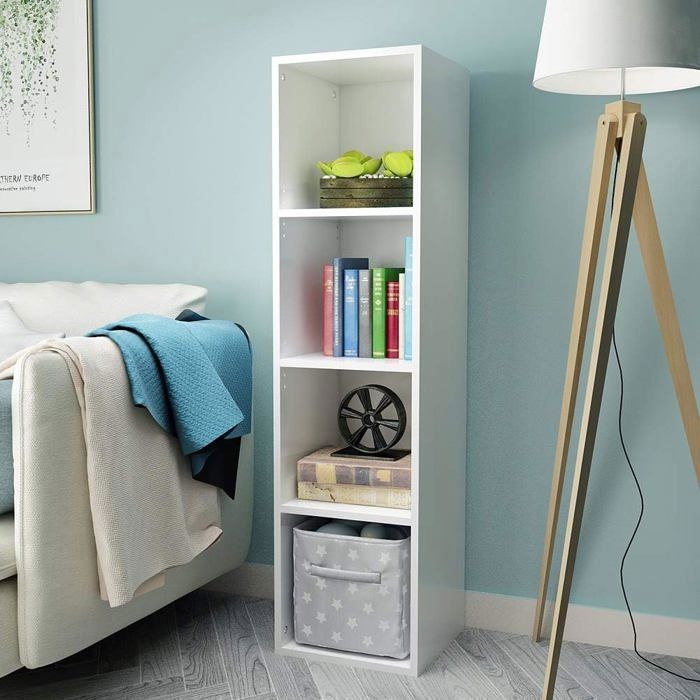 Etagère Droite - MDF - Élancée - 4 Casiers - Blanche - Meuble d'organisation