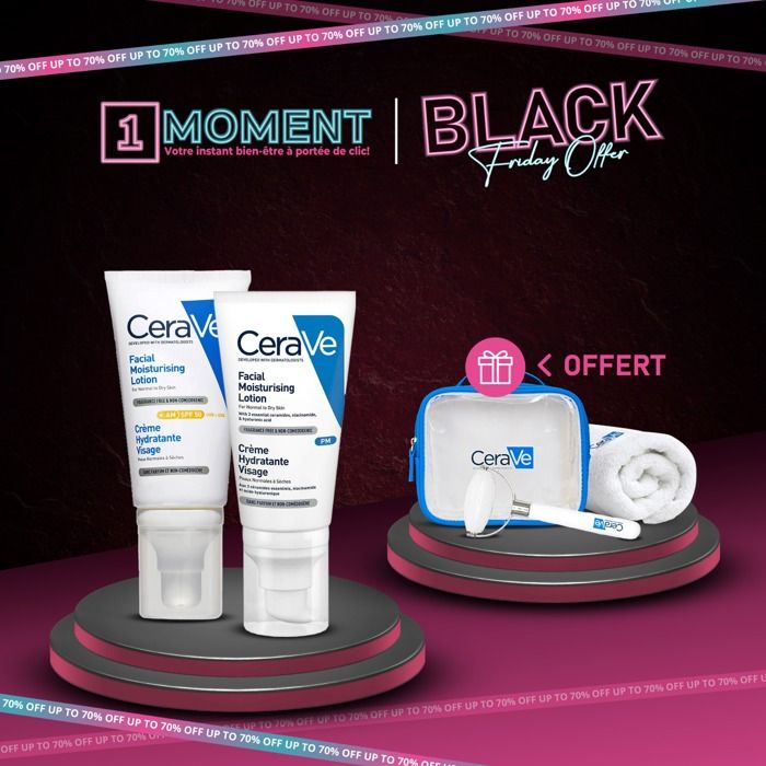 Cerave Crème Hydratante Visage +Crème Hydratante SPF 50 = Trousse +serviette et Roller Gratuit