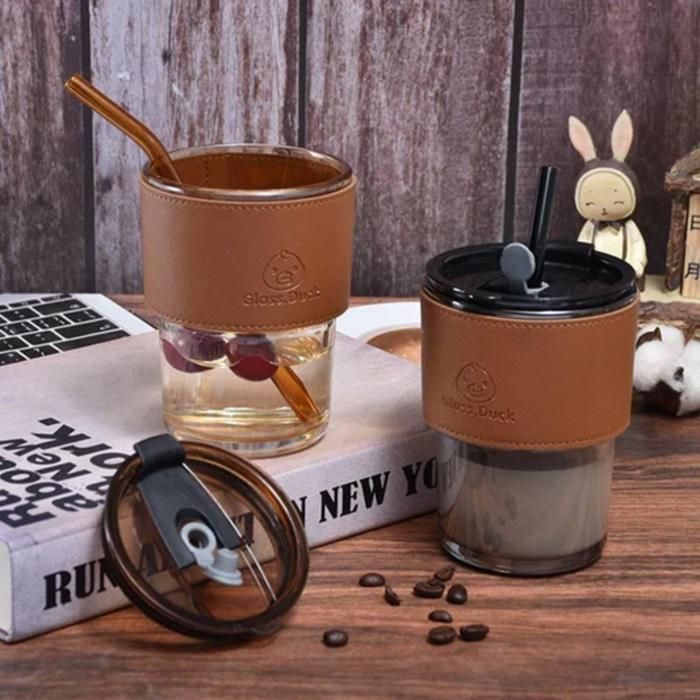 Tasse de paille en verre,tasse à café portable avec couvercle et étui en cuir