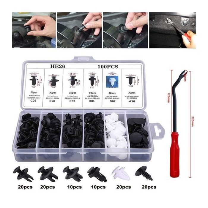 Lot de 100 clips de fixation en plastique pour voiture avec outil de suppression