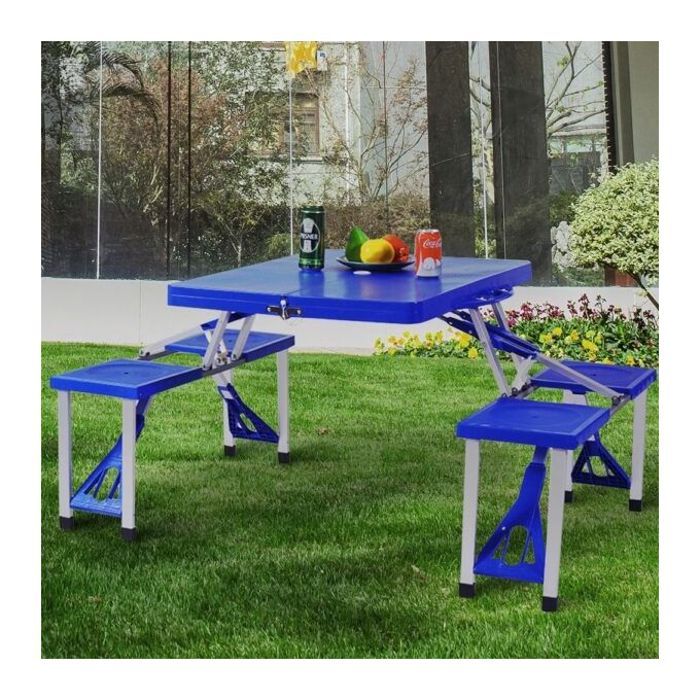 Table de camping portable avec 4 sièges intégrés et trou pour parasol