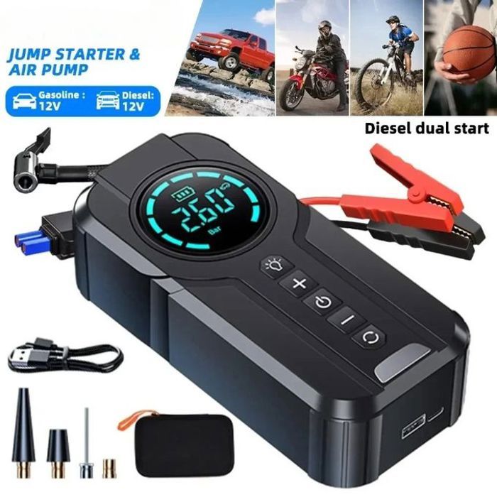 Dispositif de démarrage portable pour voiture avec pompe à air et éclairage