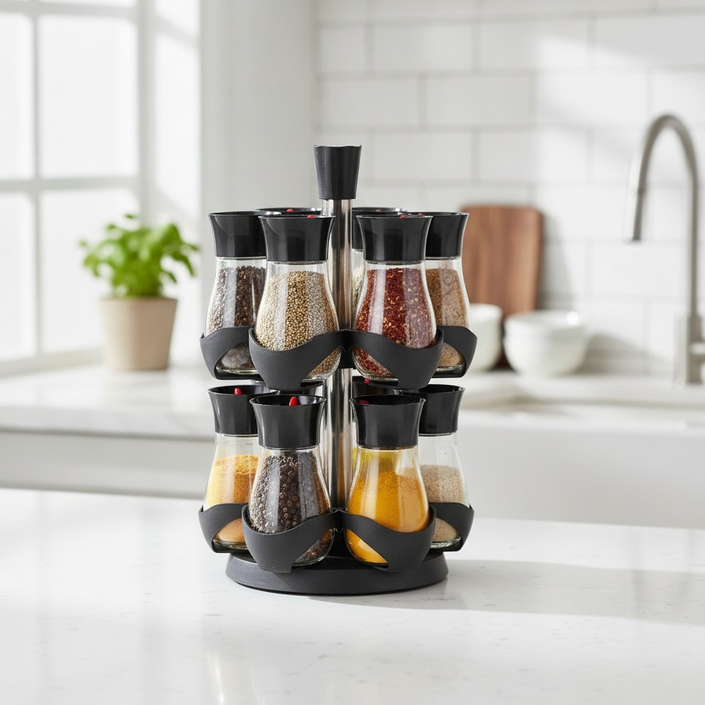 Imperial ensemble de pots à épices, 12 pièces, support de rangement rond et rotatif pour condiments, boite à épices avec support - Marjane Mall - Image 3