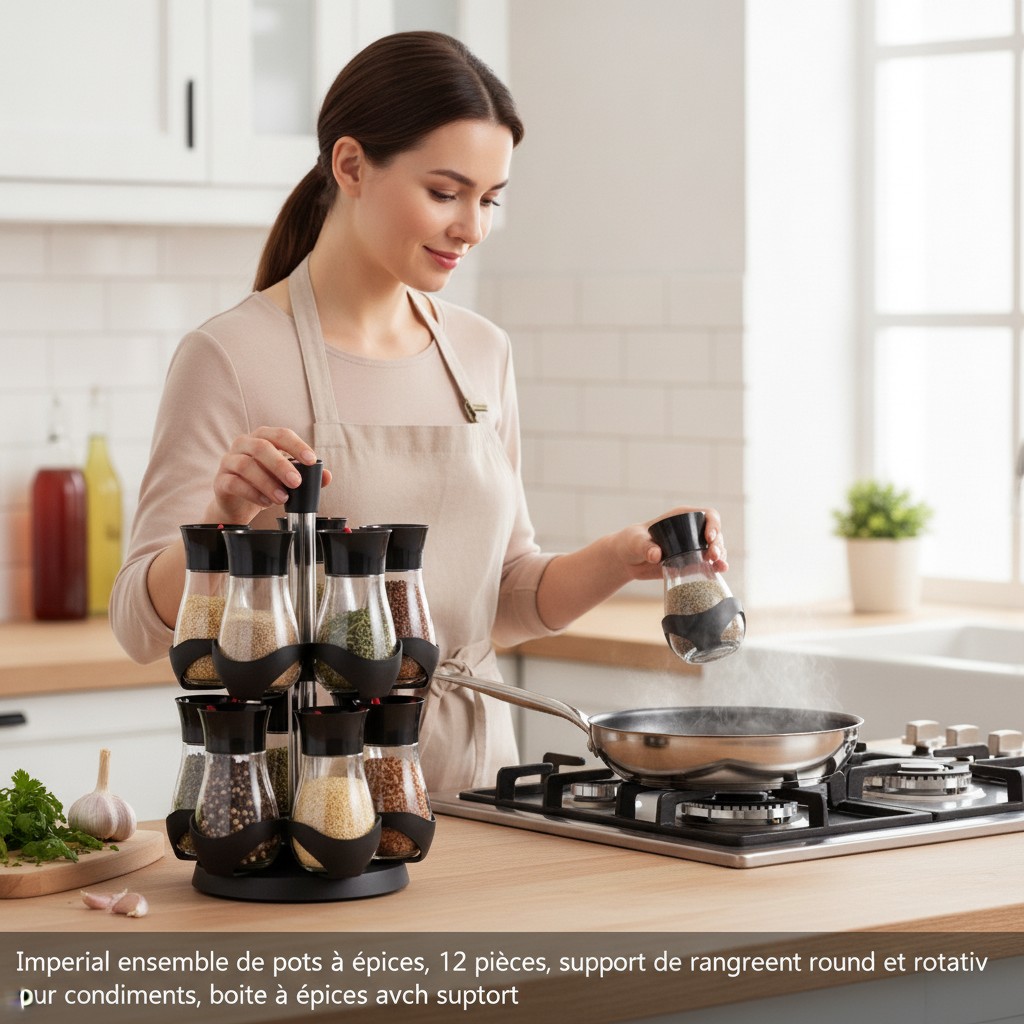 Imperial ensemble de pots à épices, 12 pièces, support de rangement rond et rotatif pour condiments, boite à épices avec support - Marjane Mall - Image 4