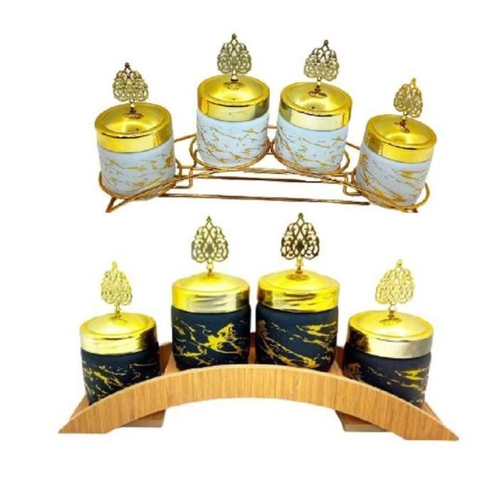 Set 4 pots conservation marbre blanc avec support , rangement pour cuisine