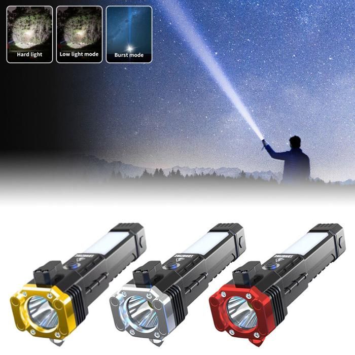 Lampe de poche multifonction usb marteau de sécurité auto