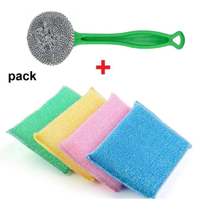 Pack, 1 brosse de nettoyage en acier inoxydable + 4 éponges de cuisine