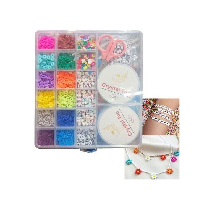 Perles d'argile colorées avec visages souriants et lettres