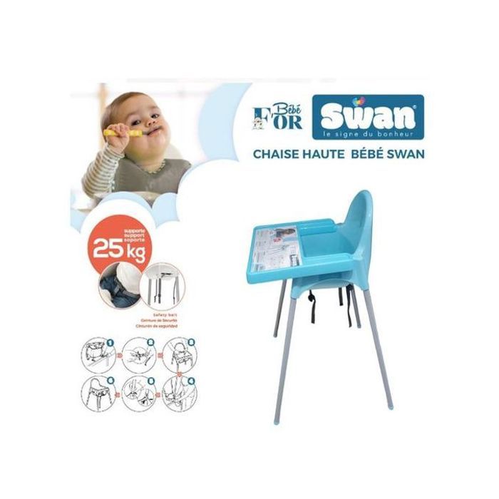 Chaise bébé swan avec tablette et ceinture de sécurité, supporte jusqu'à 25 kg