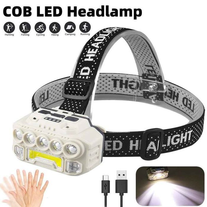 Lampe de poche usb, lampe frontale étanche, lampe cob injuste,camping