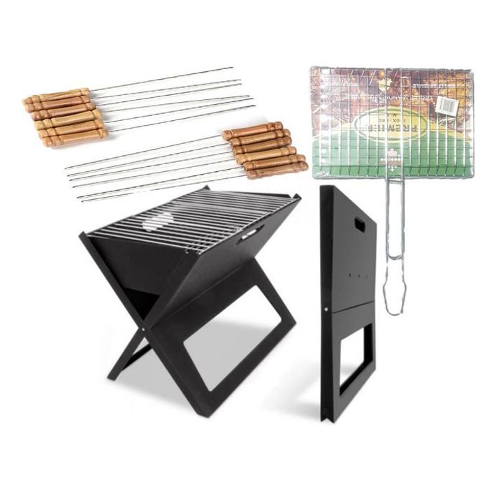 Ensemble barbecue four pliable portable + double grille barbecue rectangle + 12 pcs brochettes