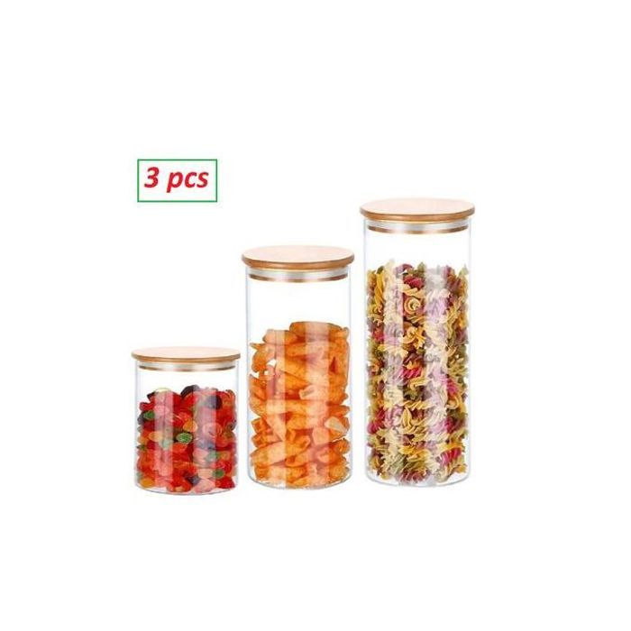 Offfre taj lot de 3 pots de stockage en verre avec couvercle en bois