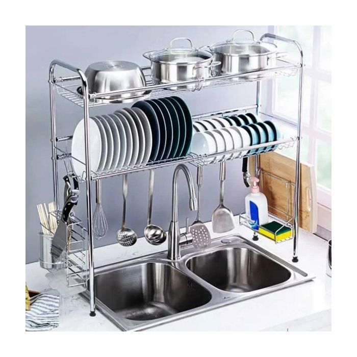 Égouttoir à vaisselle - Acier inoxydable - 2 niveaux - 81x28x12.8 cm - Plateau de récupération - Ajustable