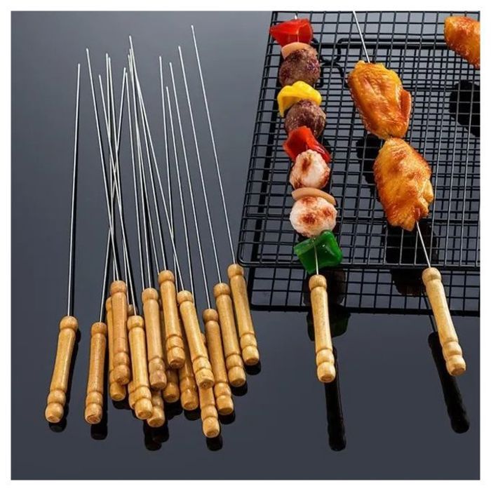 Lot de 12 bâton de kebab de barbecue en acier inoxydable avec manche en bois