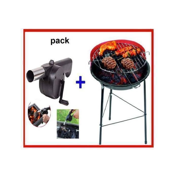 Grille ronde au charbon de bois avec trois pieds et ventilateur manuel pour barbecue - pack économique
