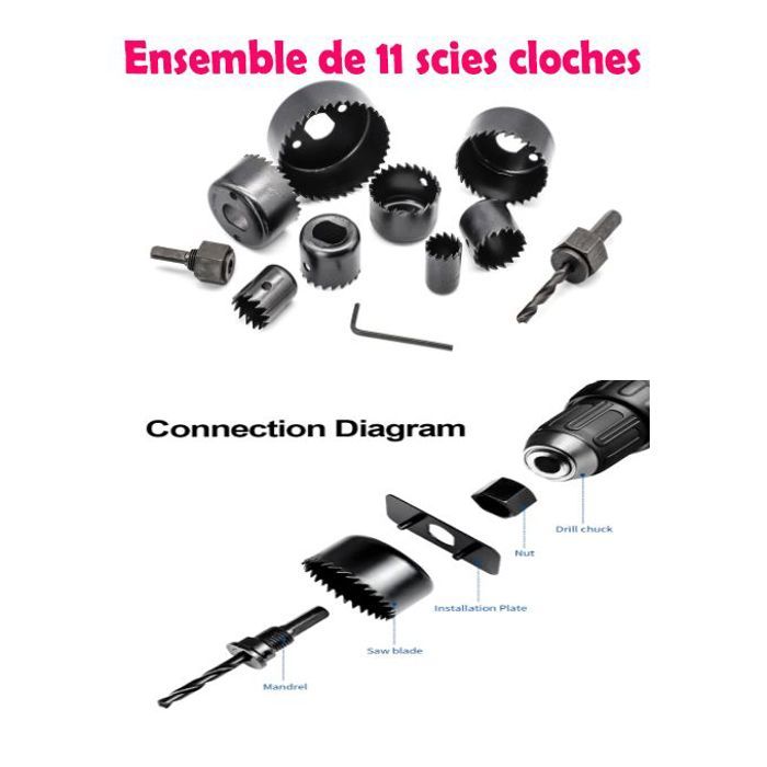 Ensemble de 11 scies cloches bi métal à trous en acier au carbone,ensemble de coupe-trou pour plaque de plâtre