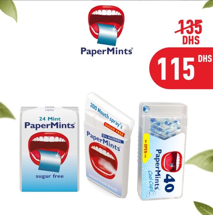 PAPERMINTS Pack 1 — Cool Caps Menthe (40 u) + Feuilles de Menthe (24 u) + Spray buccal 12 ml