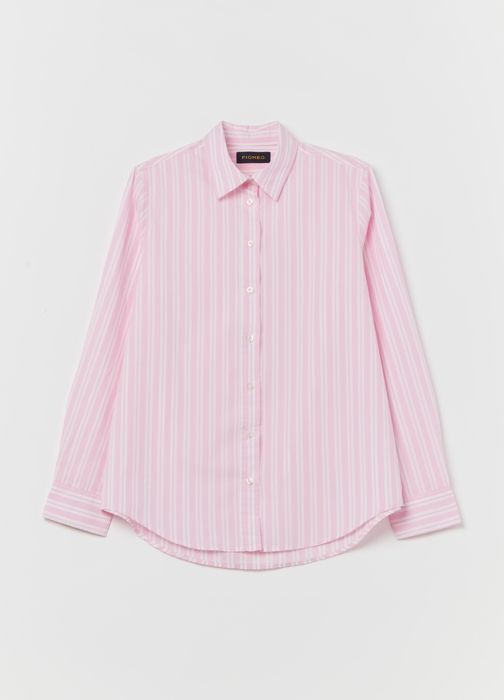Chemise en popeline de coton - PIOMBO - Blanc/Rose - Col bluff - Poignets boutonnés - 100% coton