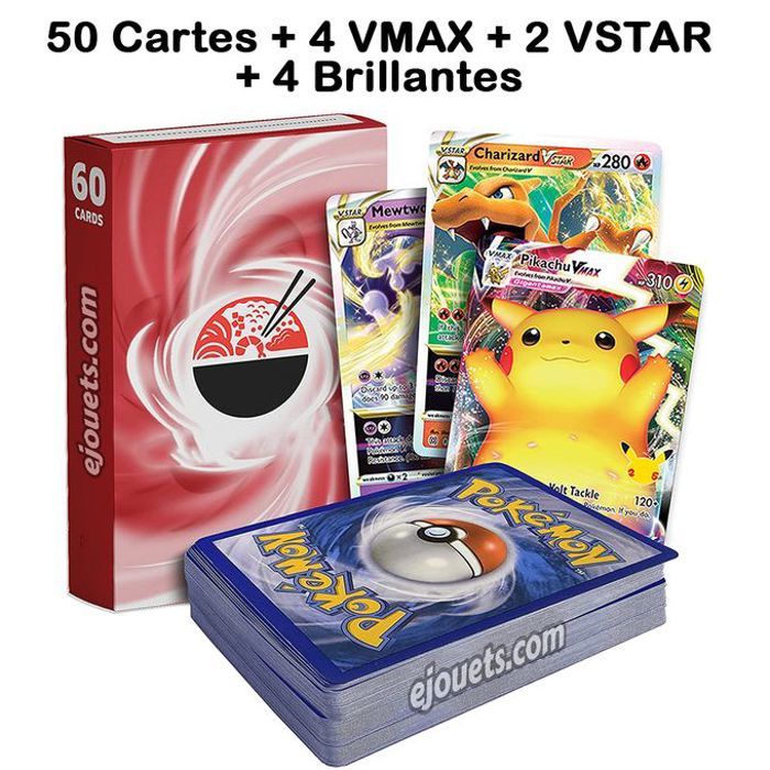 Lot de 50 cartes Pokémon + 4 VMAX + 4 VSTAR + 5 brillantes (sans doubles)