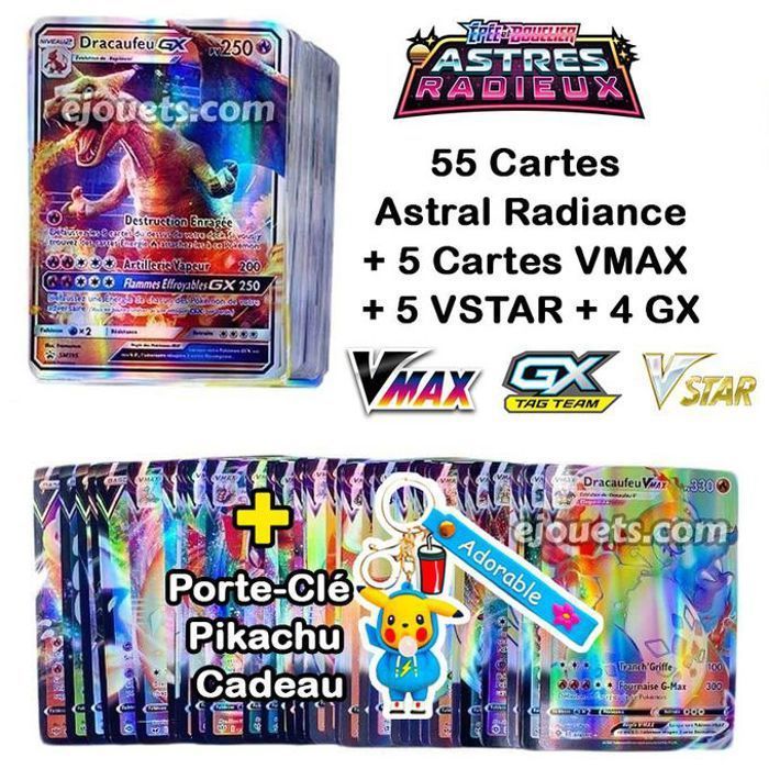 Lot de 64 Cartes : 50 Cartes Astres Radieux + 5 VMAX + 5 VSTAR + 4 GX Brillantes + Porte-clé