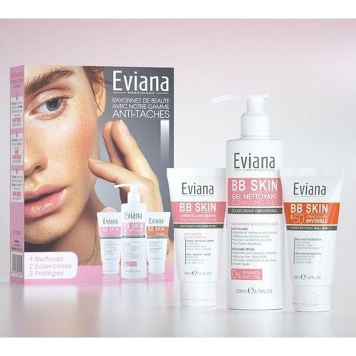 EVIANA Pack anti-taches brunes-écran solaire50ml SPF 50+-crème hydratante 50ml-gel nettoyant 200ml