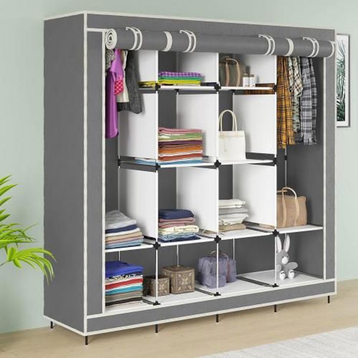 Grande Armoire Penderie pliable à 4 portes 12 étagères