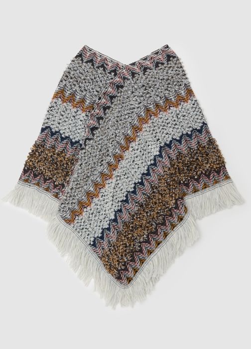 Poncho à franges avec motif patchwork - Beige/Brown