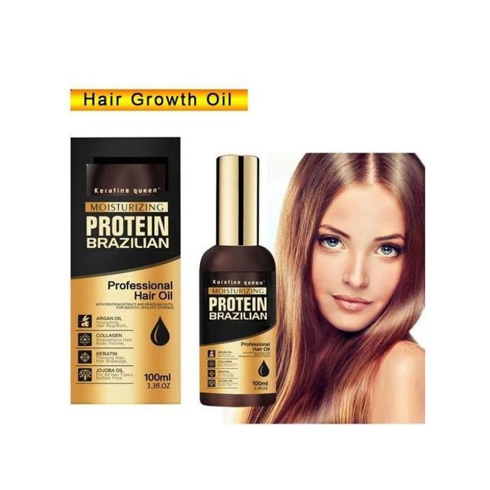 Huile de cheveux Keratine Queen Protein Brazilian : sans sulfate ni parabène pour des cheveux forts et brillants.
