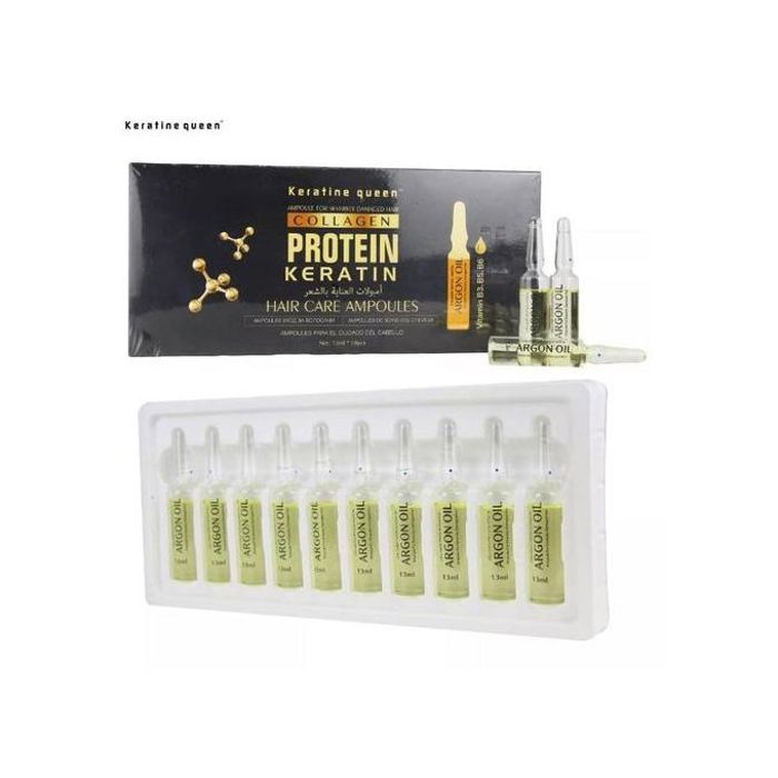 Ampoules de kératine Queen pour cheveux abîmés à l'huile d'argan (10 x 13 ml) - Traitement réparateur