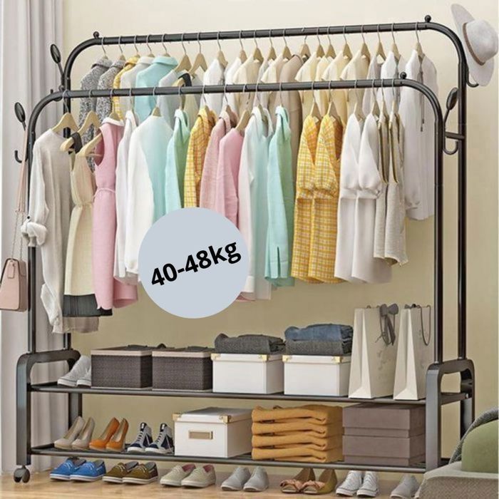 Porte-vêtements robuste en fer avec double pôle pour plus de confort (en métal pas plastique)