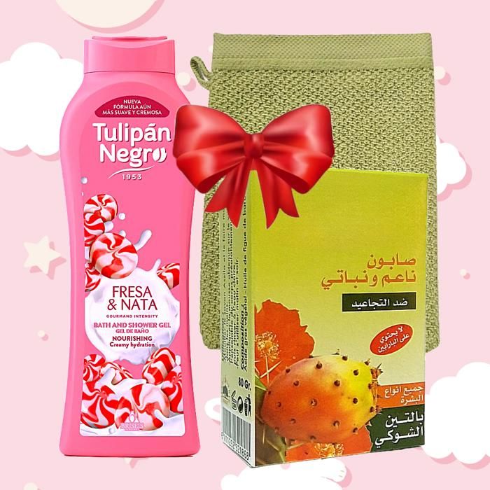 Gel Douche Nata Fraise et Crème chantilly Sans paraben 3250 ml + Gant toilette douche + Savon antiride figue de barbarie