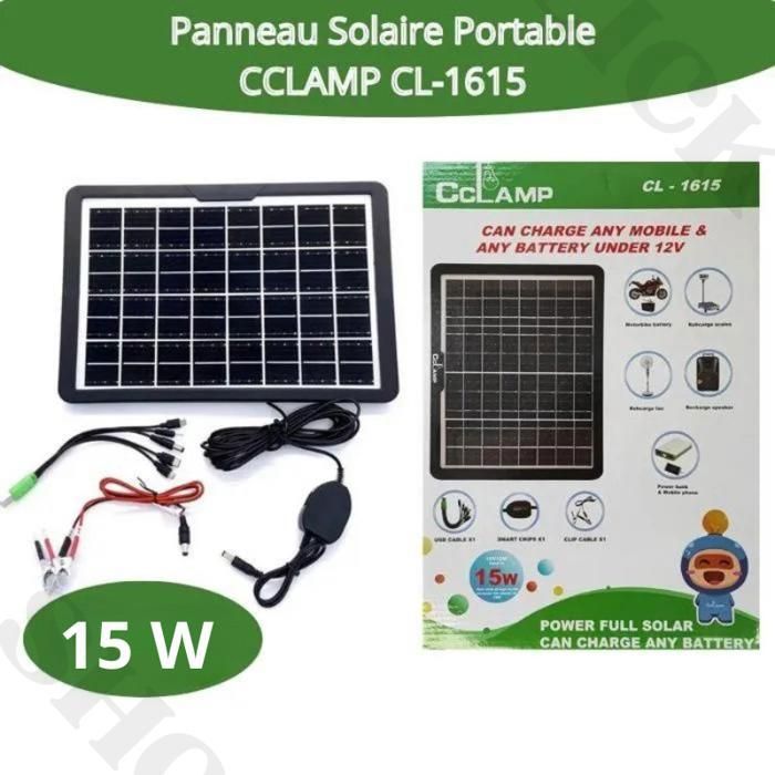 Panneau solaire CCLamp 15W pour charger les appareils mobiles, gadgets 16/9/6 volts avec adaptateurs