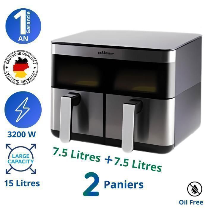 Friteuse sans Huile - Airfryer -  2 paniers - 15 Litres -Germany