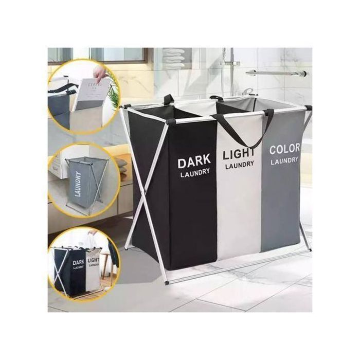 Laundry Panier à linge pliable à 3 sections avec cadre X en aluminium et poignée