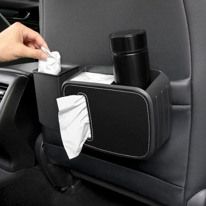 Boîte de rangement multifonctionnelle pour voiture, poubelle fendue, porte-mouchoirs et porte-gobelet à eau.