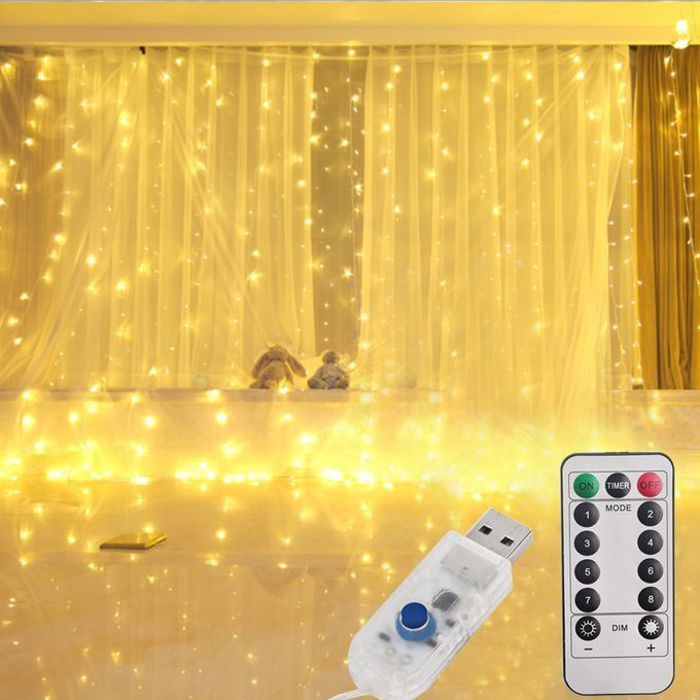Guirlandes lumineuses 300 LED Rideau lumineux - 3M3M USB - 8 modes télécommande.