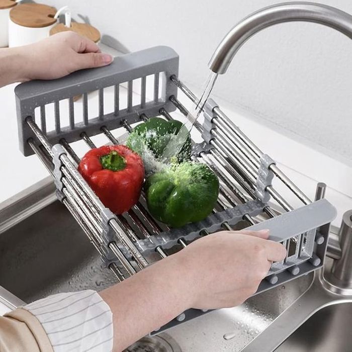 Égouttoir à vaisselle réglable en acier inoxydable, également utilisable pour les fruits et légumes
