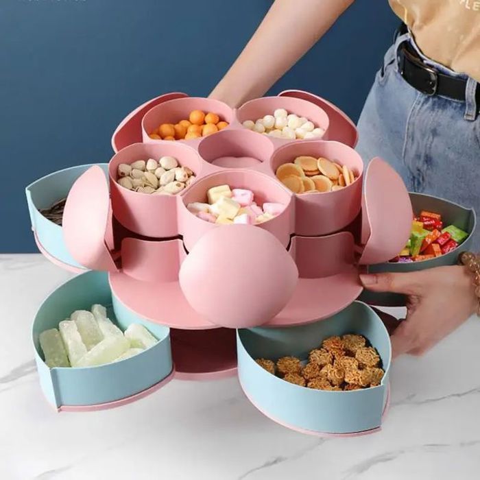 Assiette de fruits secs en forme de pétale à double étage, boîte de stockage pour un rangement élégant.