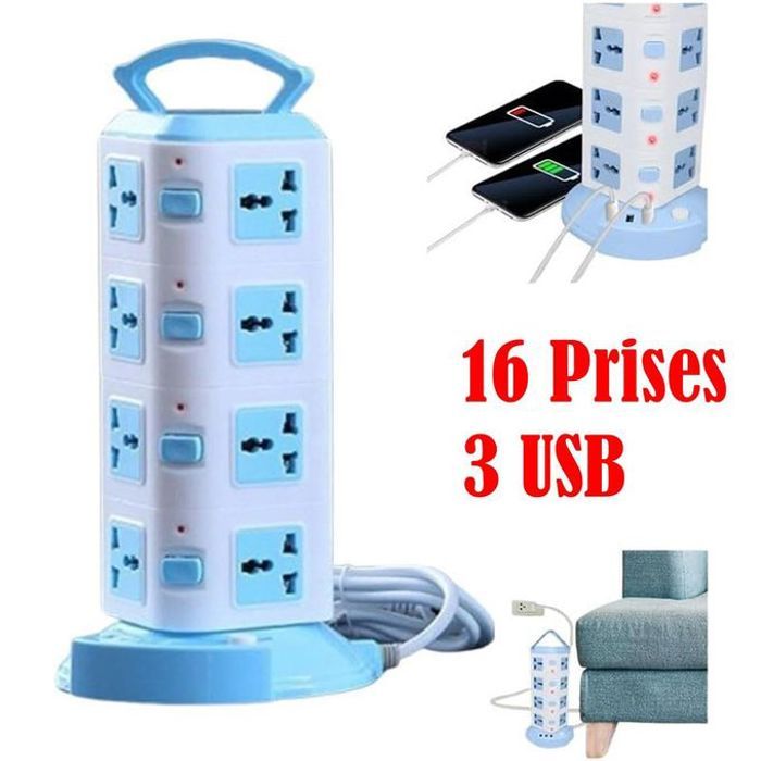 Rallonge d'alimentation avec protection contre les surcharges, bande d'extension universelle robuste, 16 prises, 3 ports de charge