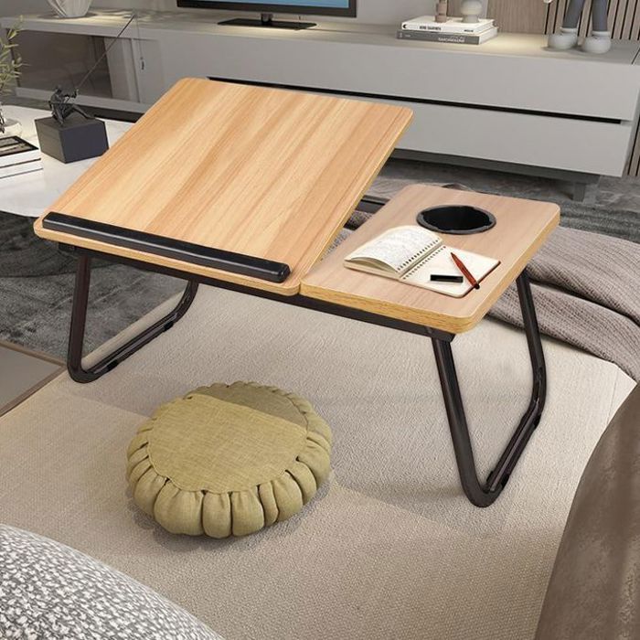 Table pliante en bois massif, idéale pour un ordinateur portable ou comme mobilier de chambre à coucher.