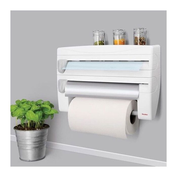 Distributeur de papier d'aluminium, essuie-tout et épices 4 en 1, idéal pour organiser votre cuisine.