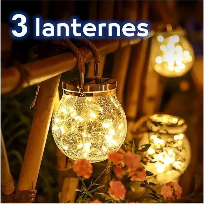 Pack de 3 lanternes solaires suspendues avec boule de verre craquelée, imperméable, luminaire décoratif d'extérieur