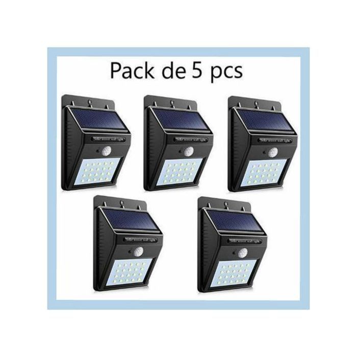 Pack de 5 LED Projecteurs & Plaque Energie Solaire Rechargeable Détecteur de Mouvement