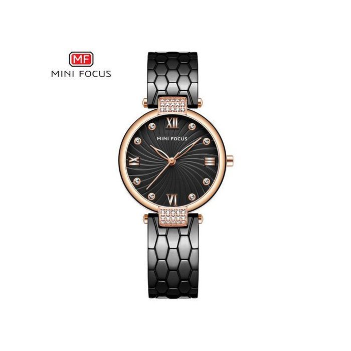 Mini Focus Montre Femme Classique Quartz Acier Inoxydable Diamant Noir - MF0186L