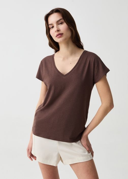 SOLID V-NECK OPTICAL WHIT - Brown
