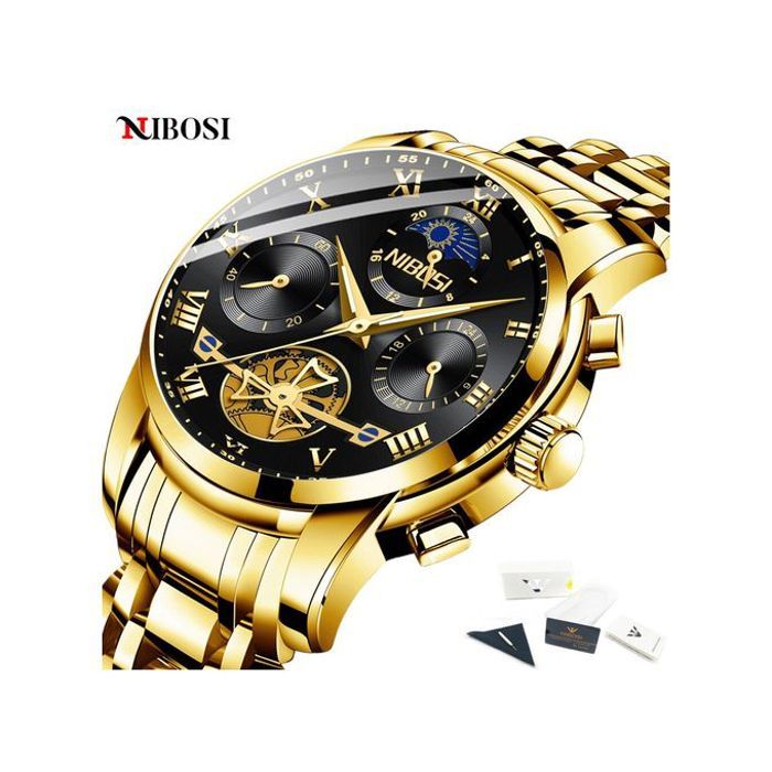 Montre Homme Nibosi - Chronographe - Or - Acier Inoxydable - Étanche